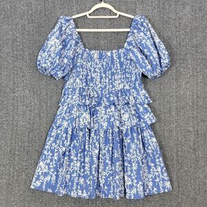 Free The Roses Anthropologie Dress Womens Large Blue White Floral Tiered Mini